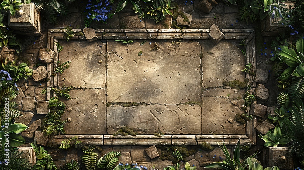 Aufkleber a photo of a stone wall adorned with greenery and an ornate frame centered within the image