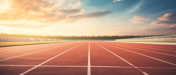 Empty running track with bright sky and golden hour.