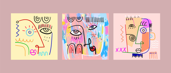 Set of abstract doodle face portrait decorative hand drawn vector illustration wall art. Aesthetic design for print, poster and art background.