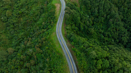 Aerial view of dark green forest road and white electric car Natural landscape and elevated roads Adventure travel and transportation and environmental protection concept	