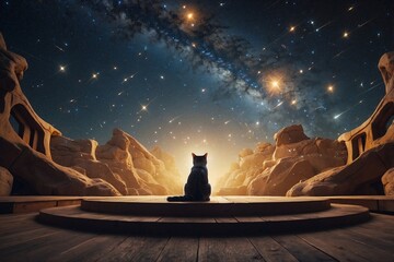 Fantasy image of a cat sits on a stage and looking stars in the night sky.