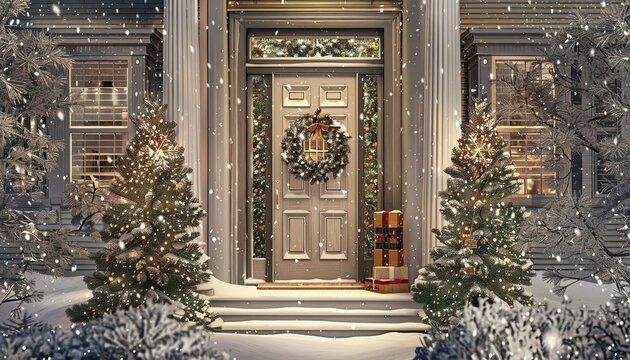 Holiday scene with a pair of trees on both sides of the door