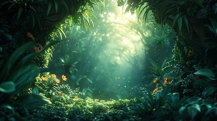   A lush forest brims with numerous green plants, with sunlight filtering through the tree leaves