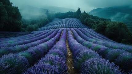   A field of lavender on a foggy day surrounded by trees and mountains