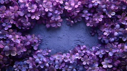   A cluster of purple blossoms framed by a heart-shaped opening on a blue backdrop