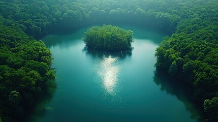   An aerial view of lush green trees surrounding a small island in the middle of a body of water surrounded by fog is a stunning sight
