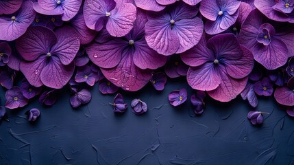   A field of purple flowers on a blue and purple background with water droplets on their petals