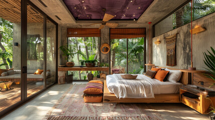 Natural purple shade bedroom of a house villa resort by lush jungle