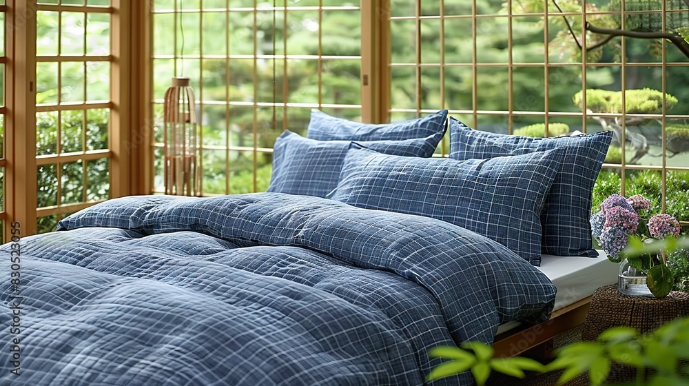 Poster a blue comforter and pillow display in front of tree-view window