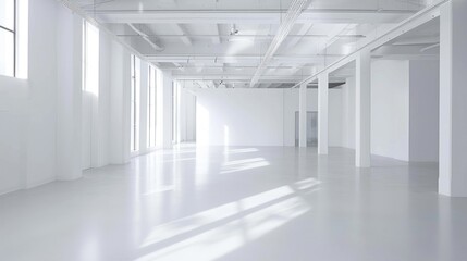 A pristine white studio space with minimalist decor and soft lighting, providing an ideal environment for creative work and artistic expression.