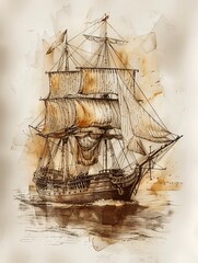 Landscape vintage sketch features battleship sail boat in the sea ocean on oil paper, vintage classic wall art, background, wallpaper 