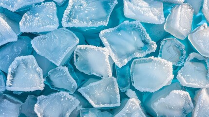  A pile of ice cubes atop blue and white ice pieces, themselves stacked upon a larger pile of blue and white ice cubes