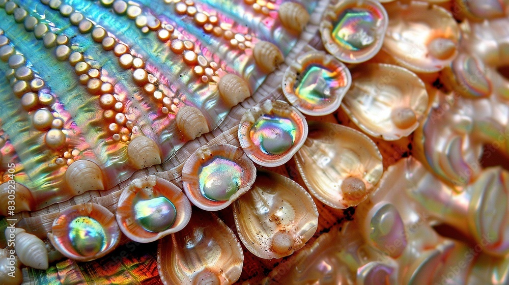Poster a close-up of various colored and sized shells arranged on top of one another