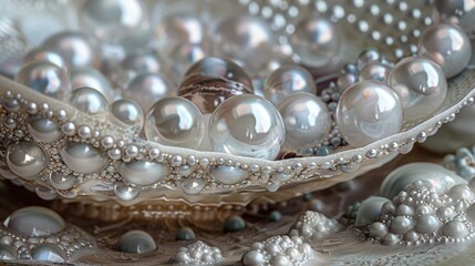   A clear shot of a bowl filled with pearls, both inside and out
