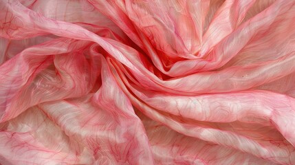   A detailed look at a pink-white sheer fabric with a design on the underside