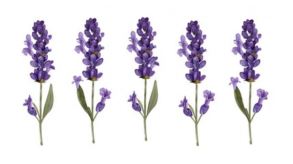   A field of various purple flowers at different stages of bloom against a white backdrop