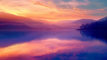 Naklejka premium Serene landscape with a majestic sunset reflecting on a still lake. The mountains are silhouetted against the colorful sky.