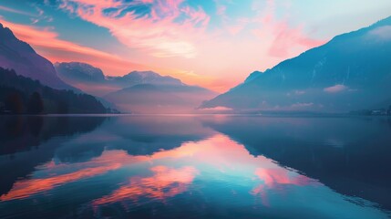 Serene mountain lake reflecting a vibrant, colorful sky at sunrise.