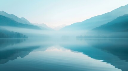 Serene mountain lake with mist and reflections on the water, creating a tranquil and peaceful atmosphere.