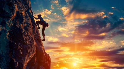 Silhouette of a climber ascending a steep rock face at sunset.