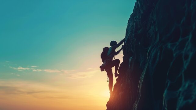 Silhouette of a climber ascending a steep cliff face at sunset, conveying determination and overcoming challenges.