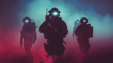 Covert Military Operatives Advancing Through Smoky Nighttime Terrain on High-Stakes Mission