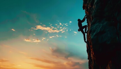 Silhouette of a rock climber ascending a steep cliff face against a vibrant sunset sky. - Powered by Adobe