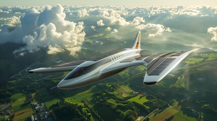 Fototapeta premium A futuristic airplane with solar panels on wings gliding over vast green landscapes, cloudless sky, sustainable aviation concept