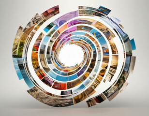 Colorful photo film strips intertwined in a dynamic spiral