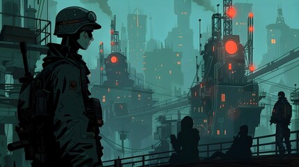 Fototapeta premium Futuristic Dystopian Cityscape with Towering Structures and Atmospheric Lighting