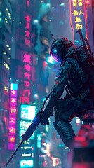 Futuristic Soldier in Neon-Lit Urban Alleyway