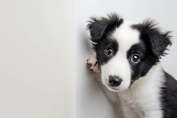 Curious Border Collie Puppy Playing with Blank Canvas on White Background