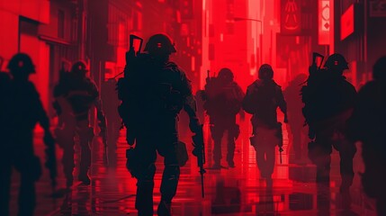 Mysterious Silhouettes Navigating the Crimson-Hued Nightscape of an Ominous Urban Metropolis
