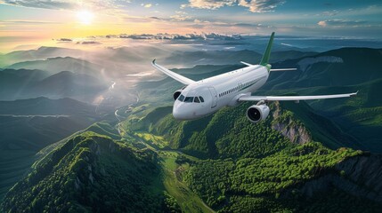 Fototapeta premium An advanced airplane featuring eco-conscious technology flying over a landscape of green meadows, cloudless sky, emphasizing sustainability in aviation