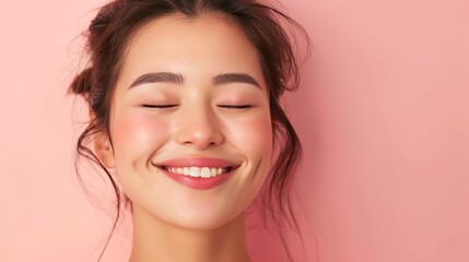 Fototapeta premium Close-up portrait of a brunette woman with fresh skin and a natural smile
