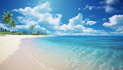 Tranquil beach scene with white sand, turquoise water, and palm trees under a clear blue sky.