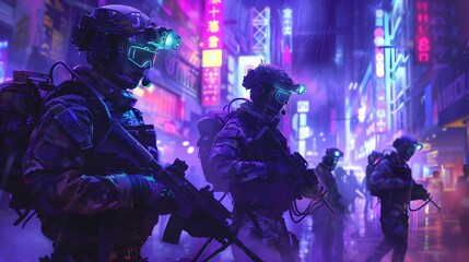 Special Forces Tactical in Neon-Lit Dystopian City Nightscape