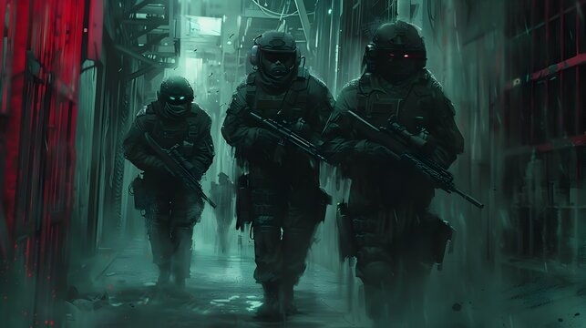 Special Forces Tactical Maneuver in Dark Urban Environment