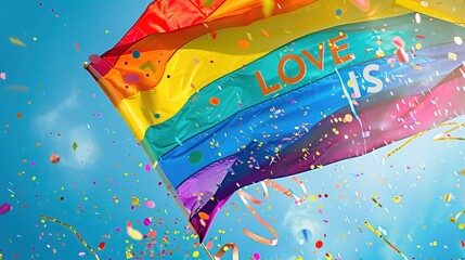 Celebrating LGBTQ+ Pride Month 2024: a large, flowing rainbow flag against a bright sky-blue background with colorful confetti and streamers, symbolizing pride, diversity, and celebration.