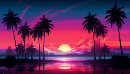 Fototapeta premium Vibrant sunset over a tropical beach, with palm trees silhouetted against the fiery sky and the sun reflecting on the water.