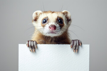 Curious Ferret Artist: Small Ferret Holding Blank Canvas on Minimalist Background creating Room for Copy Space in Art Concept