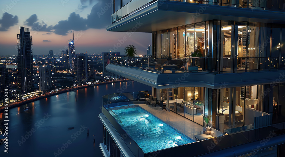 Poster a high rise building balcony with a pool at night time. top view angle of the architectural renderin