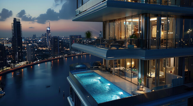 A high rise building balcony with a pool at night time. Top view angle of the architectural rendering, a modern style architecture. Generative AI.
