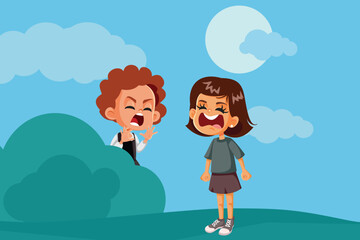 Jump Scared Girl Afraid of Little Brother Vector Cartoon illustration. Started child playing hide and seek in the park 
