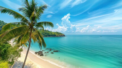 Panoramic beach scene with coconut palms and turquoise waters under a clear blue sky, perfect for vacation and relaxation themes.