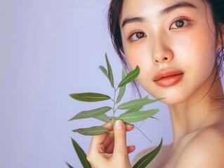 Fototapeta premium woman, beauty, spa, face, flower, care, plant, skin, nature, health, green, cosmetics, bamboo, leaf, fresh, model, natural, body, make-up, eyes, fashion, wellness, person, healthy, clean 