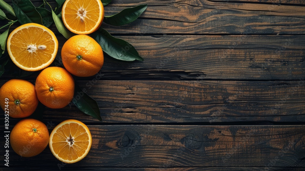 Poster ripe oranges whole and sliced arranged on a wooden table from above area available for adding text