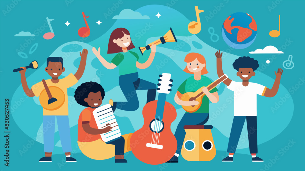 Poster at the music corner students can try out instruments from different parts of the world under the gui