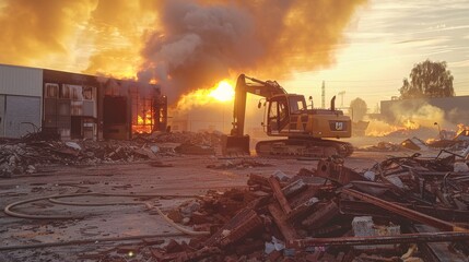 Bulldozer crushing an abandoned warehouse, thick smoke enveloping the scene, fiery sunset lighting up the sky