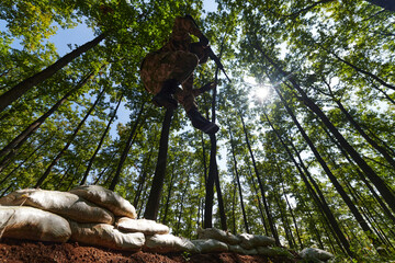 An elite soldier adeptly clears military barriers in the perilous wooded terrain, showcasing...